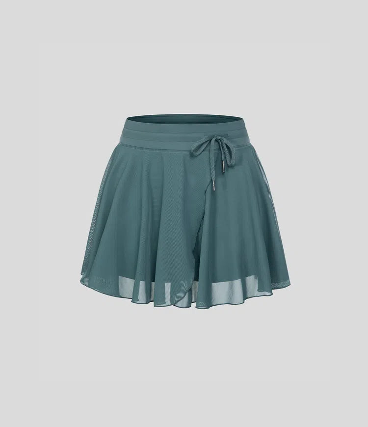 High Waisted Drawstring Contrast Mesh 2-in-1 Pocket Flowy Mini Flare Casual Skirt