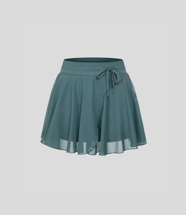 High Waisted Drawstring Contrast Mesh 2-in-1 Pocket Flowy Mini Flare Casual Skirt