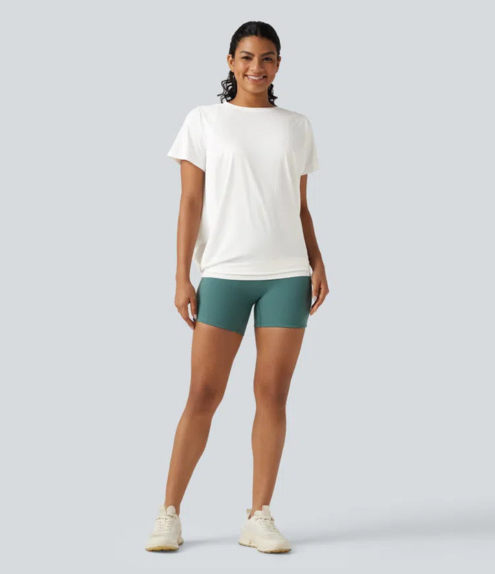 Round Neck Short Sleeve Ruched InstantCool Yoga Sports Top-Longer Length-UPF50+