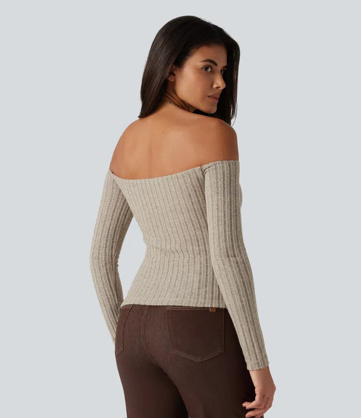 Ribbed Knit Off Shoulder Long Sleeve Built-in Bra Casual Top