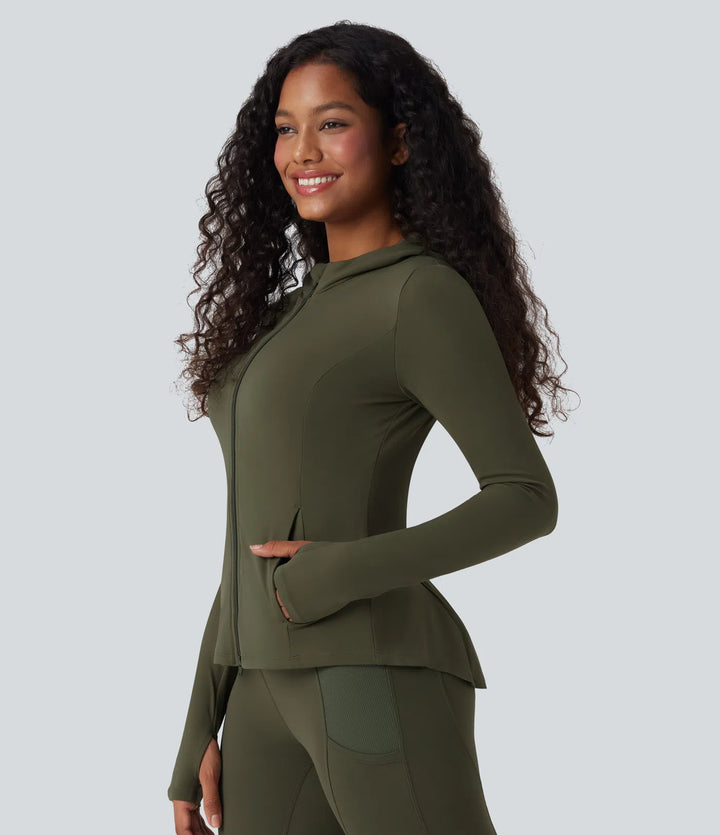 SoftlyZero Hooded Long Sleeve Thumb Hole Pleated Jacket with Pockets