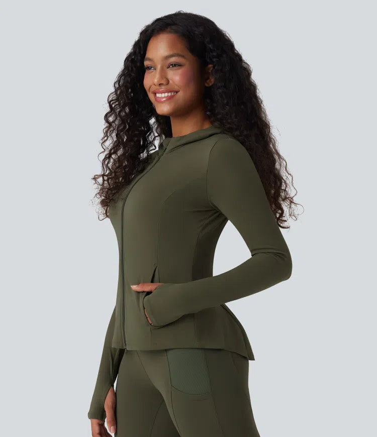 SoftlyZero Hooded Long Sleeve Thumb Hole Pleated Jacket with Pockets