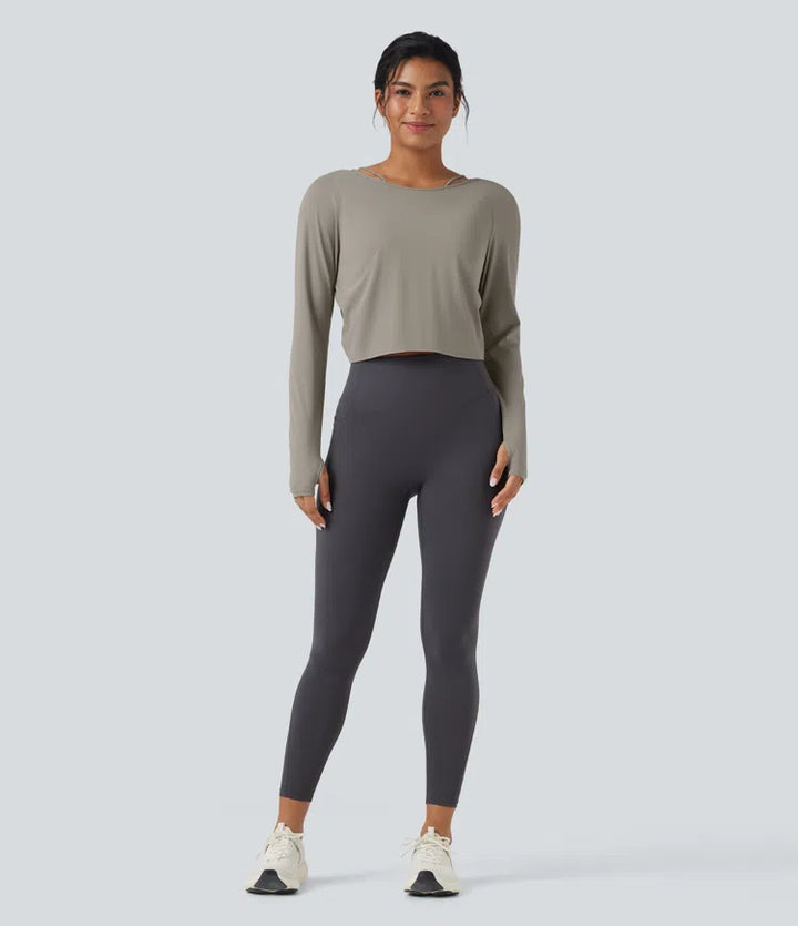 SoftlyZero QuickDry Backless Twist-back Long Sleeve Thumb Holes 2-in-1 Yoga Sports Top