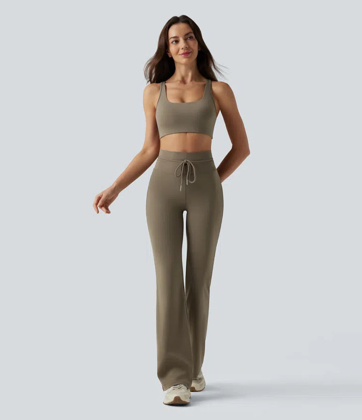 High Waisted Drawstring Plain Flare Yoga Pants with Pockets