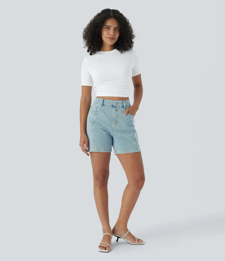 Round Neck Short Sleeve Ruched Skinny Cropped Casual T-Shirt