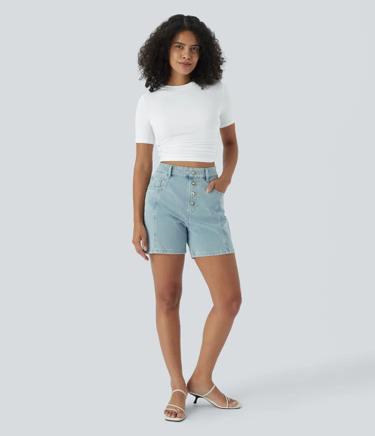 Round Neck Short Sleeve Ruched Skinny Cropped Casual T-Shirt