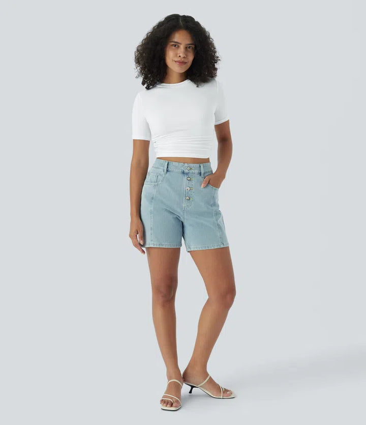 Round Neck Short Sleeve Ruched Skinny Cropped Casual T-Shirt