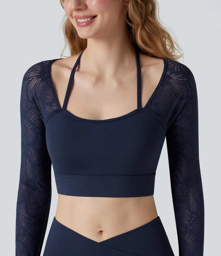SoftlyZero Contrast Lace Halter Long Sleeve Thumb Holes Cropped Yoga Top