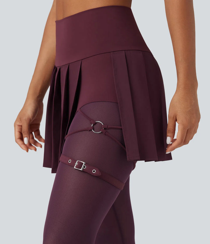 Breezeful High Waisted Pleated 2-in-1 Contrast Mesh Quick Dry Dance Stirrup Skirted Leggings with Pockets