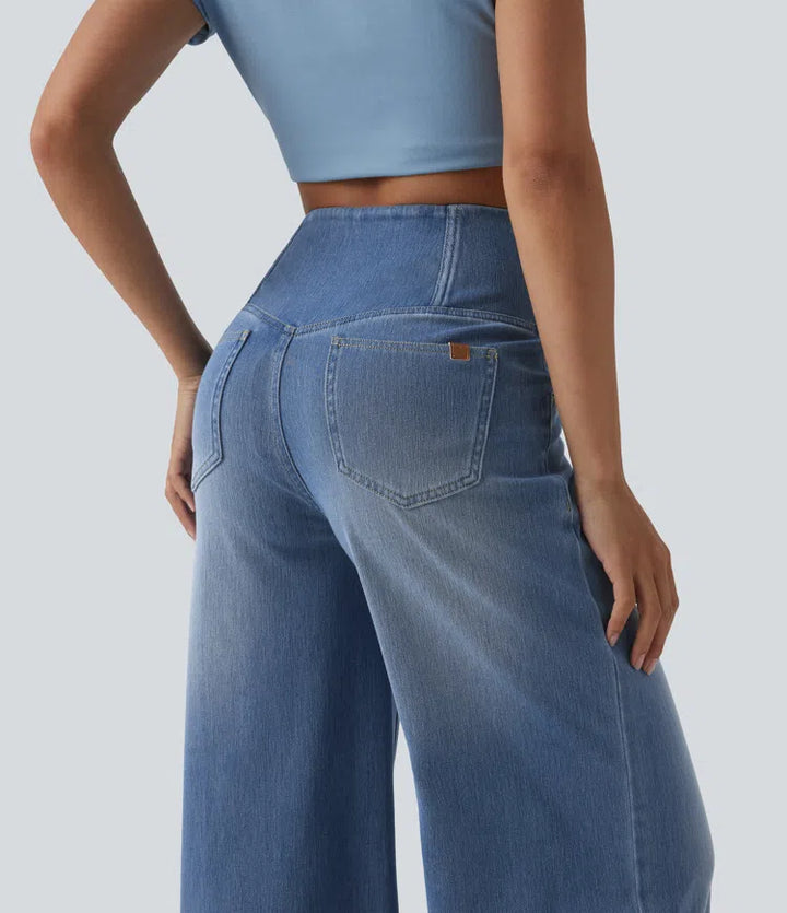Halara Flex Crossover High Waisted Tummy Control Wide Leg Casual Jeans with Pockets