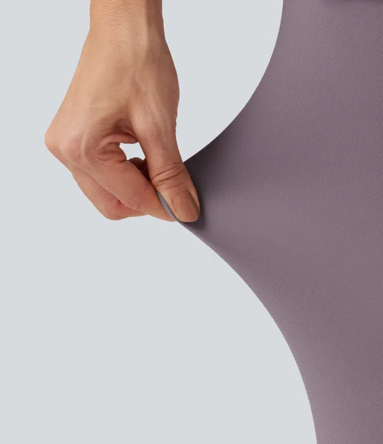 Softlyzero High Waisted Crossover Contrast Mesh Workout Skirted Leggings with Pockets