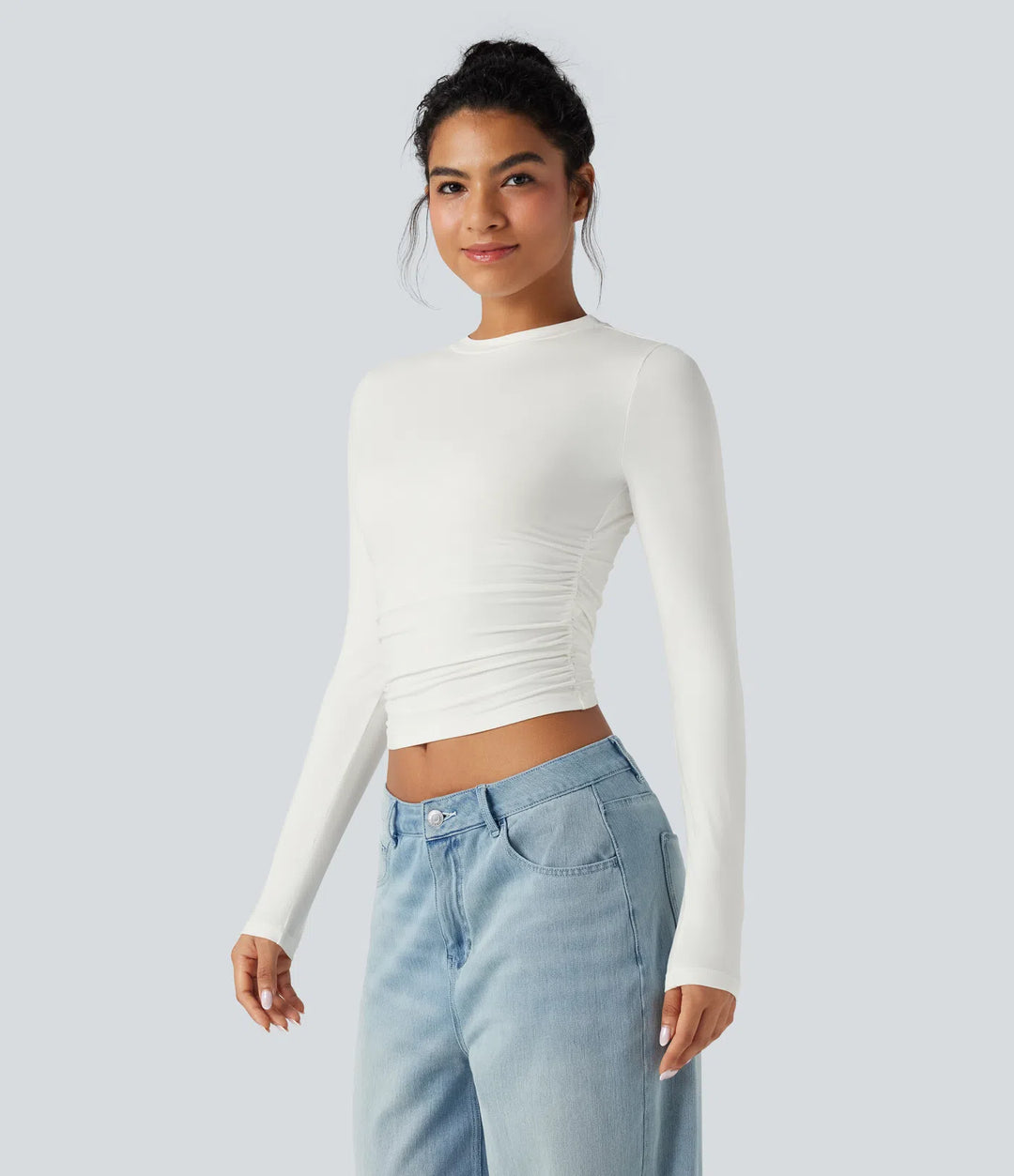 Round Neck Long Sleeve Ruched Casual Top