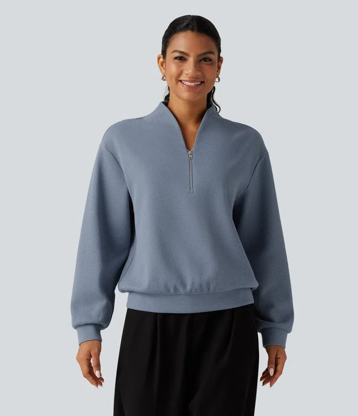 V Neck Long Sleeve Waffle Casual Sweatshirt