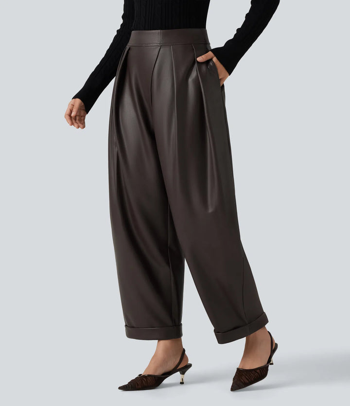 High Waisted Barrel Leg Stretchy PU Fleece Casual Pants with Pockets