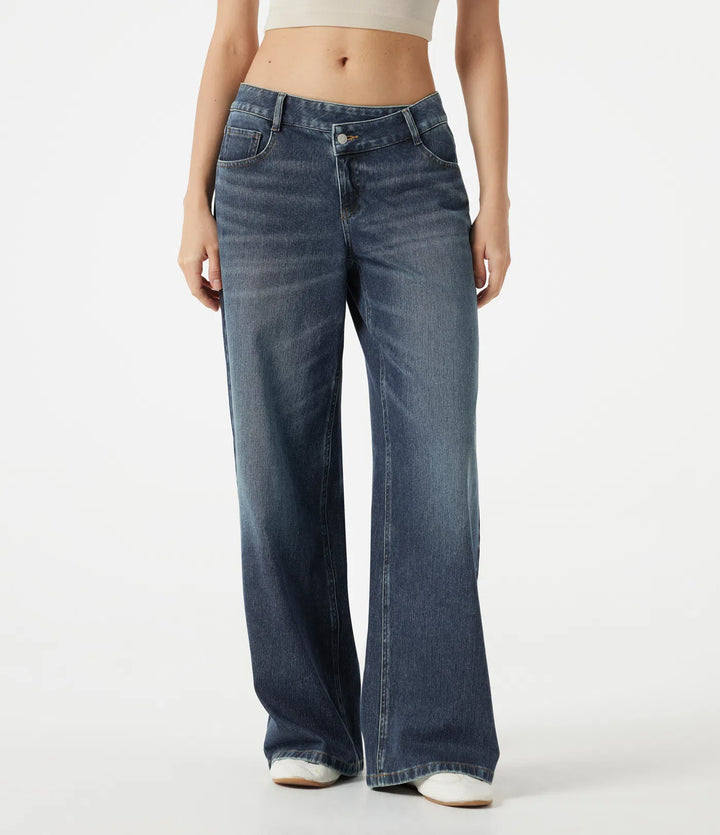 Halara Flex Asymmetric Low Rise Baggy Washed Casual Jeans with Pockets