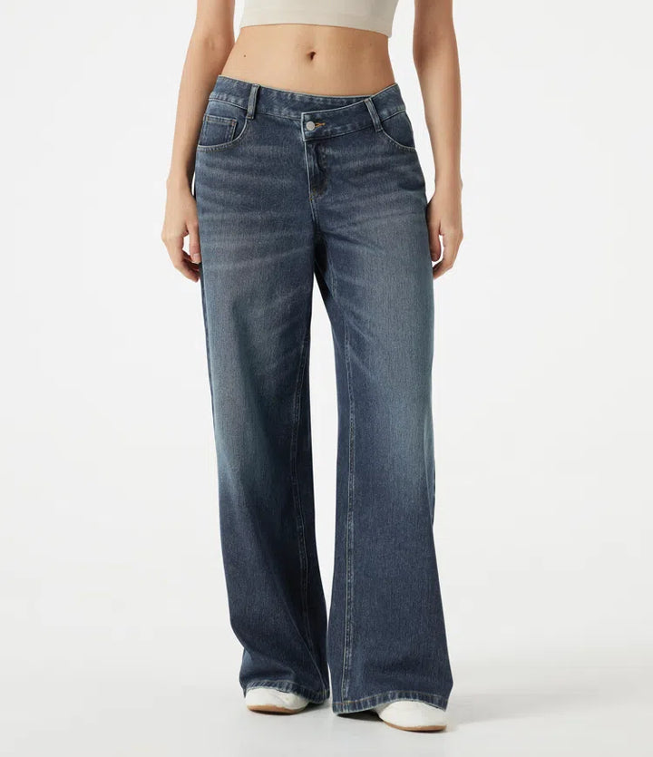 Halara Flex Asymmetric Low Rise Baggy Washed Casual Jeans with Pockets