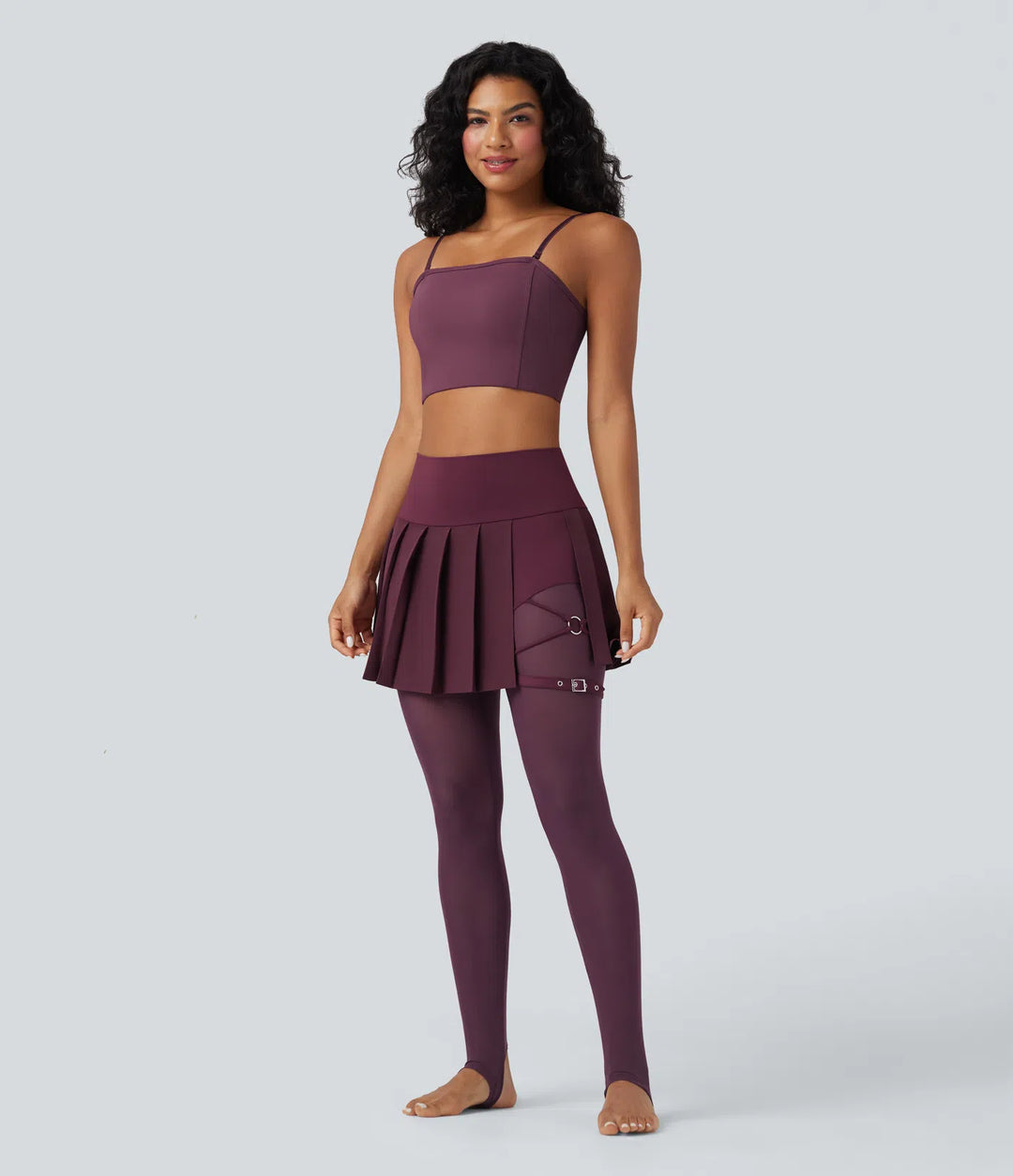 Breezeful High Waisted Pleated 2-in-1 Contrast Mesh Quick Dry Dance Stirrup Skirted Leggings with Pockets