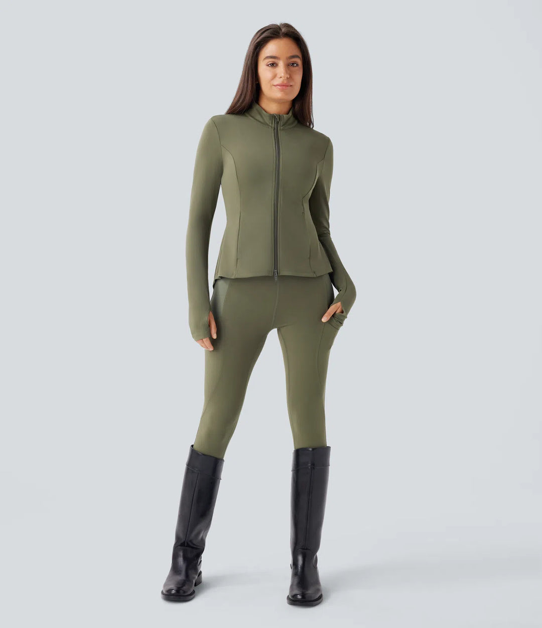 SoftlyZero Stand Collar Thumb Hole Pockets Pleated Zipper Slim Jacket