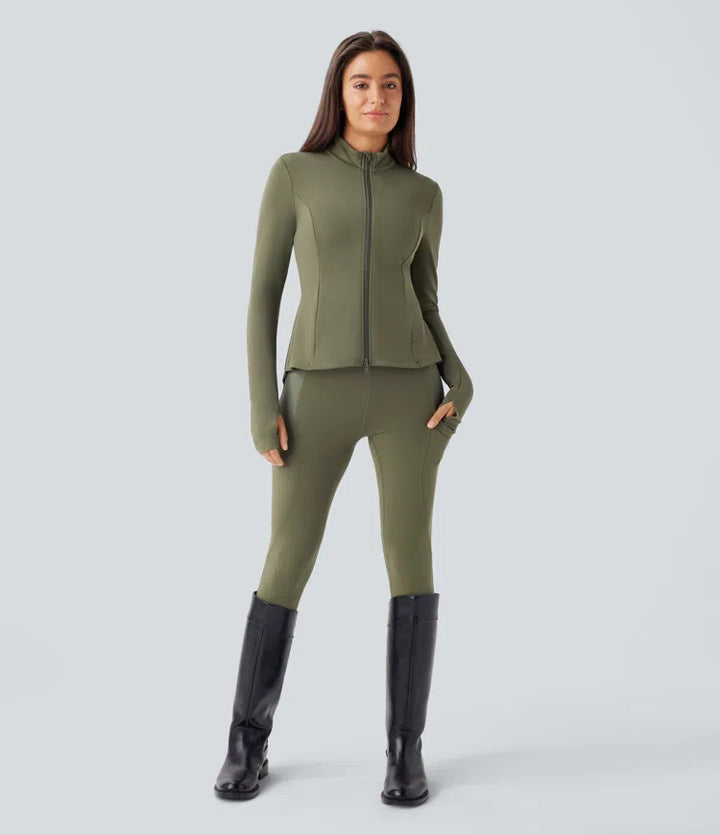 SoftlyZero Stand Collar Thumb Hole Pockets Pleated Zipper Slim Jacket