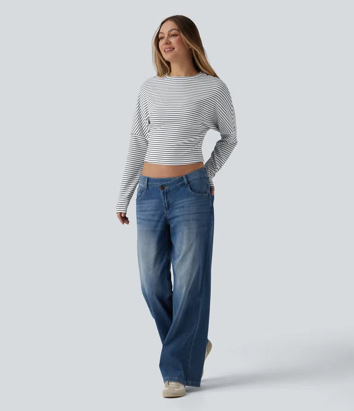 Ribbed Knit Round Neck Long Sleeve Stripes Casual Top