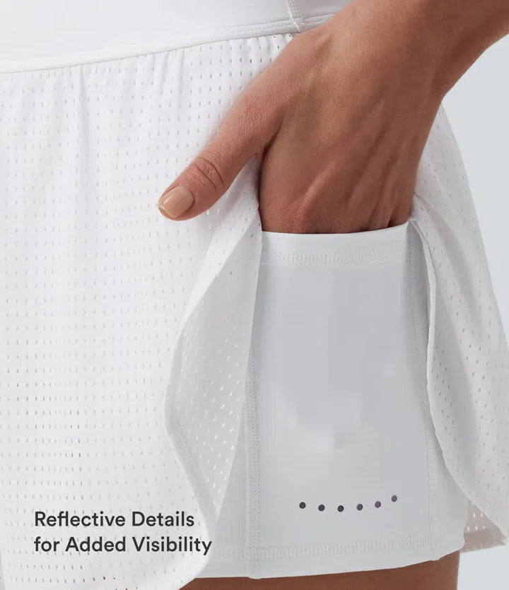 High Waisted Tummy Control Reflective Dots Crossover Curved Hem 2-in-1 Eyelet Yoga Shorts with Pockets
