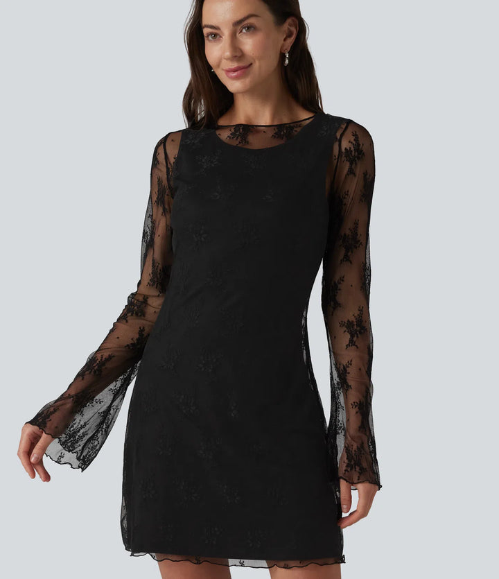 Round Neck Flounce Sleeve 2-piece Lace Party Dress