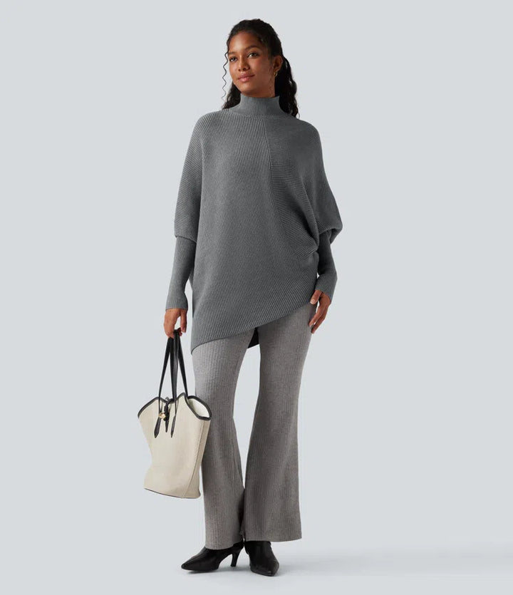 High Neck Batwing Long Sleeve Asymmetric Hem Work Sweater