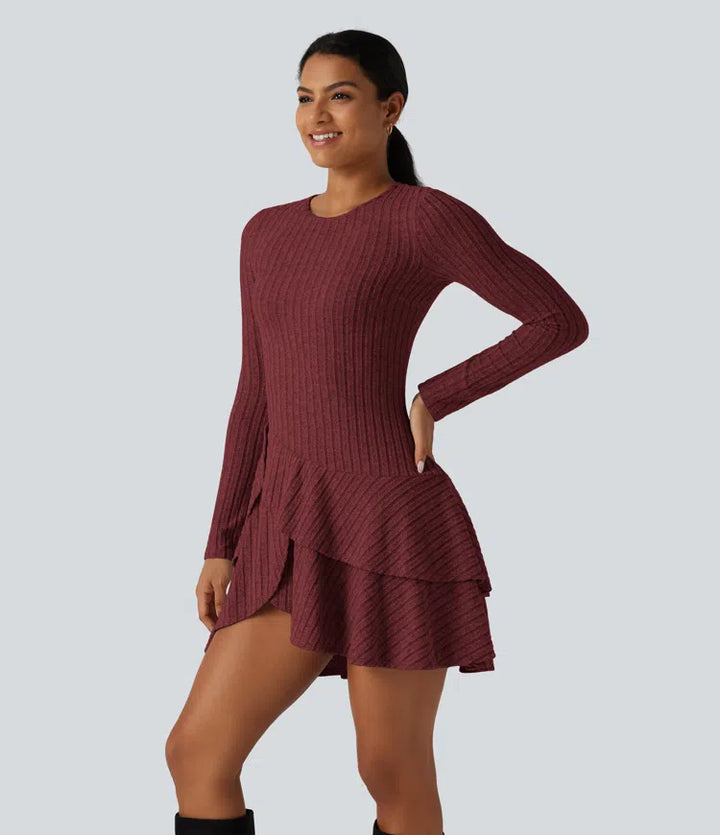 Ribbed Knit Round Neck Long Sleeve Layered Ruffle Hem Mini Casual Dress