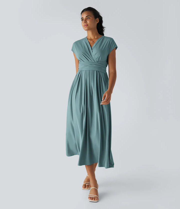 Breezeful V Neck Short Sleeve Pocket Tie Back Quick Dry Midi Casual Dress-Longer Length