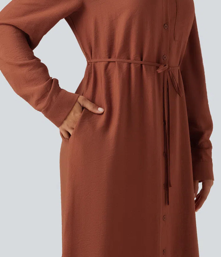Collar Long Sleeve Belted Curved Split Hem Midi Casual Shirt Dress with Pockets