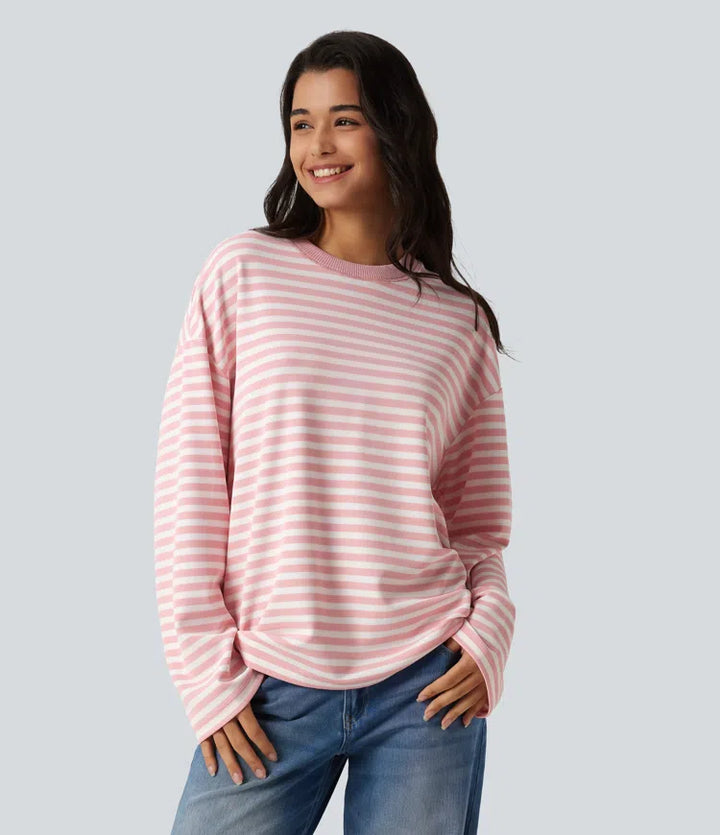 Round Neck Long Sleeve Stripe Waffle Casual Top