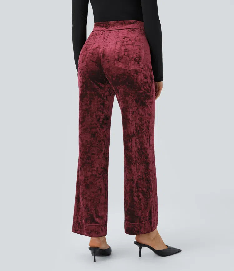 High Waisted Pockets Straight Leg Velvet Casual Pants