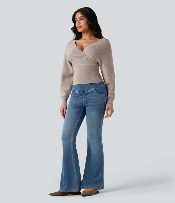 V-neck Batwing Long Sleeve Cut-out Casual Sweater