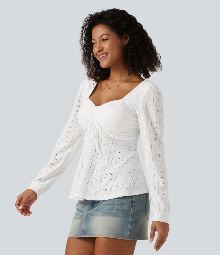 Sweetheart Neck Long Sleeve Lace Up Built-in Bra Eyelet Casual Top