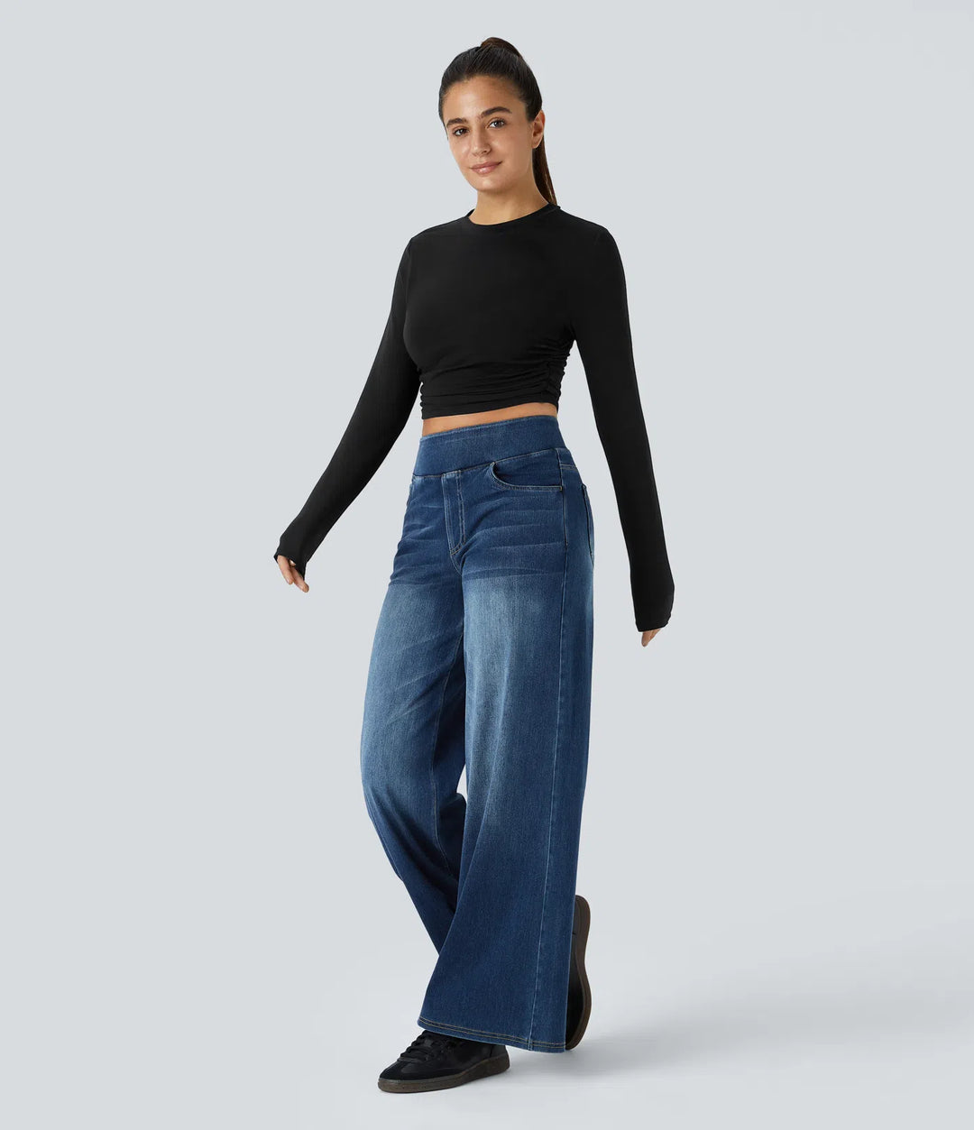 Round Neck Long Sleeve Ruched Skinny Cropped Casual Top