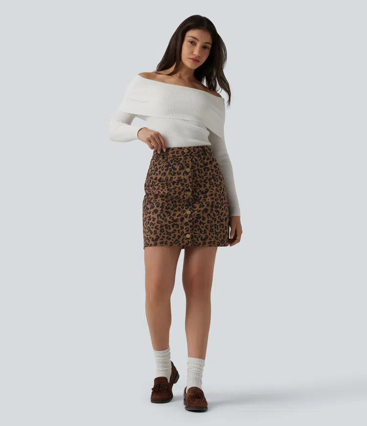High Waisted 2-in-1 Leopard Print Mini Casual Skirt with Pocket-Longer Length