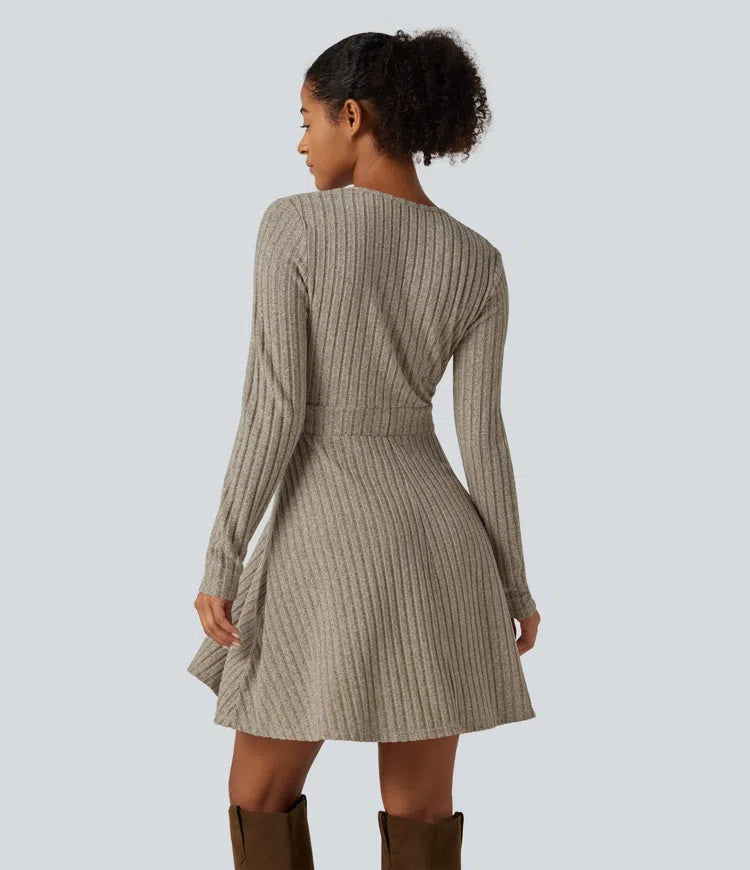 Ribbed Knit V-Neck Crossover Long Sleeve Mini Casual Dress