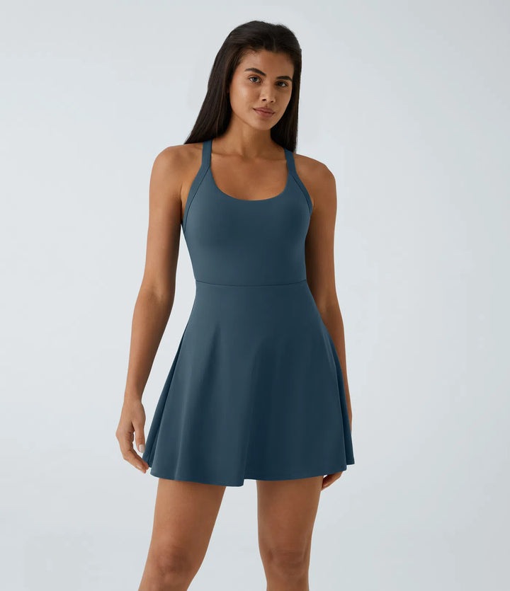 SoftlyZero Airy Backless Twisted Flare Low Support Dance Active Dress-Longer Length-Easy Peezy Edition A-D Cups