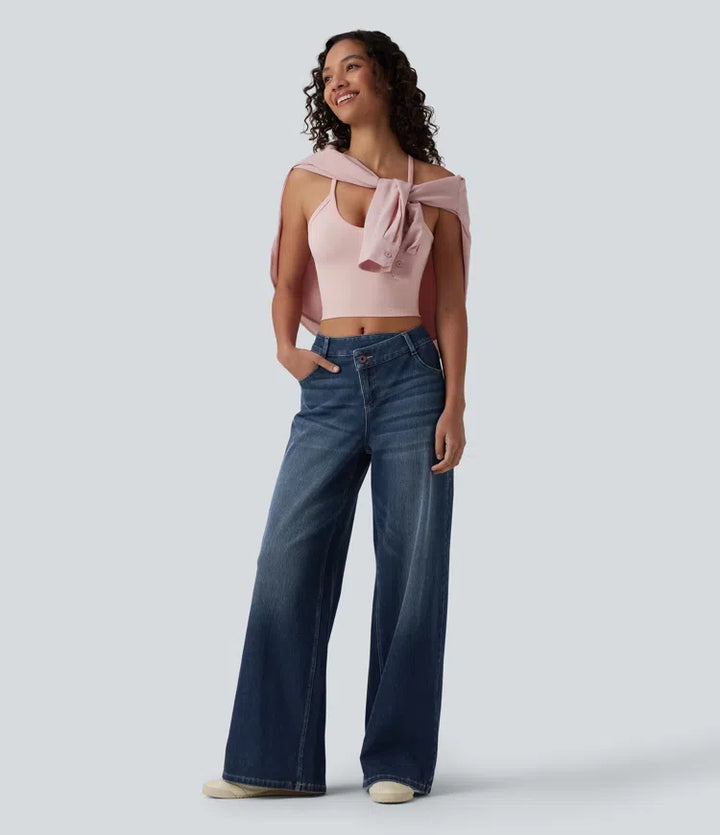 Halara Flex Asymmetric Mid Rise Wide Leg Casual Jeans with Pockets