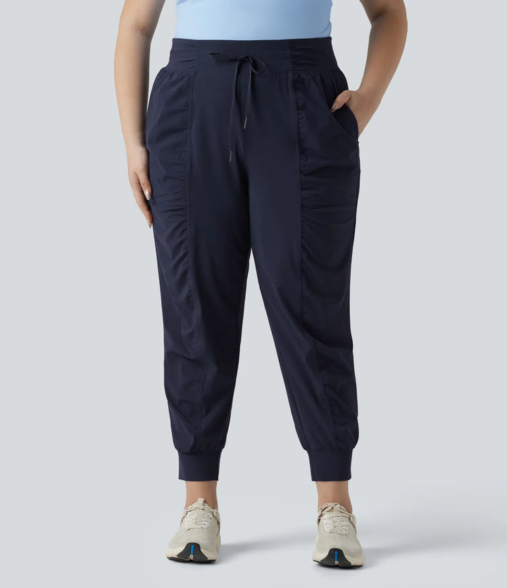 Plus Size High Waisted Drawstring Ruched Tapered Quick Dry InstantCool Dance Joggers with Pockets-UPF40+