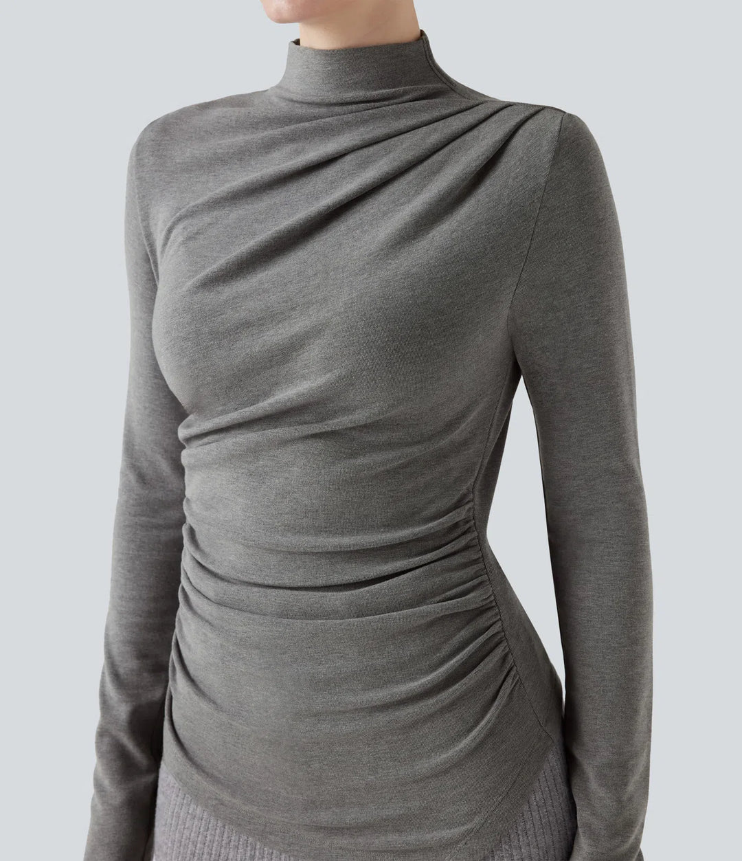 Mock-neck Long Sleeve Ruched Asymmetric Hem Thermal Casual Top