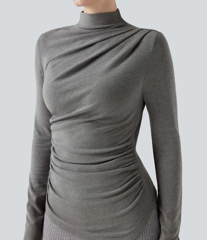 Mock-neck Long Sleeve Ruched Asymmetric Hem Thermal Casual Top