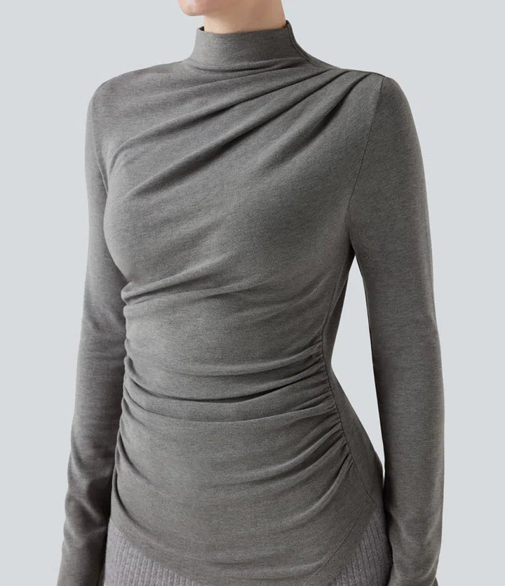 Mock-neck Long Sleeve Ruched Asymmetric Hem Thermal Casual Top