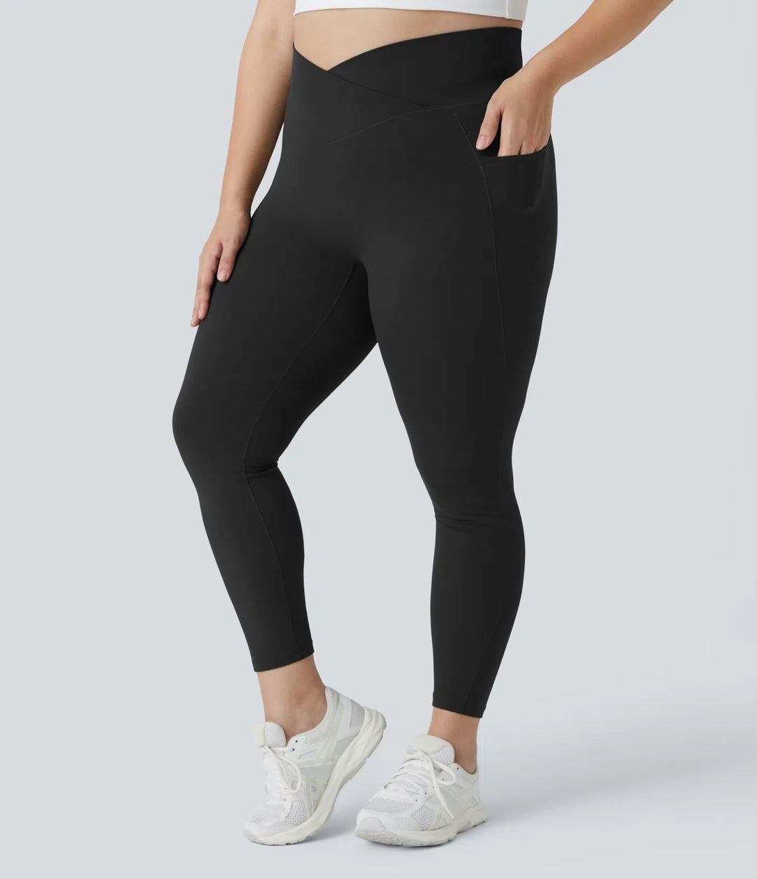SoftlyZero High Waisted Crossover Pocket Plain Plus Size Full Length Leggings