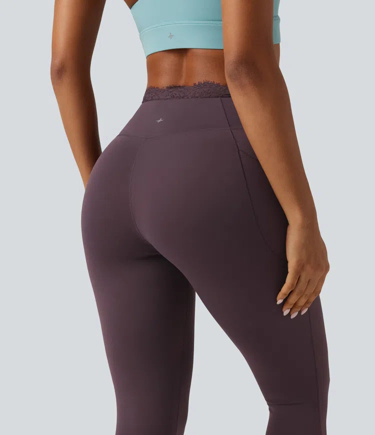 SoftlyZero High Waisted Crossover Contrast Lace Yoga Leggings with Pockets