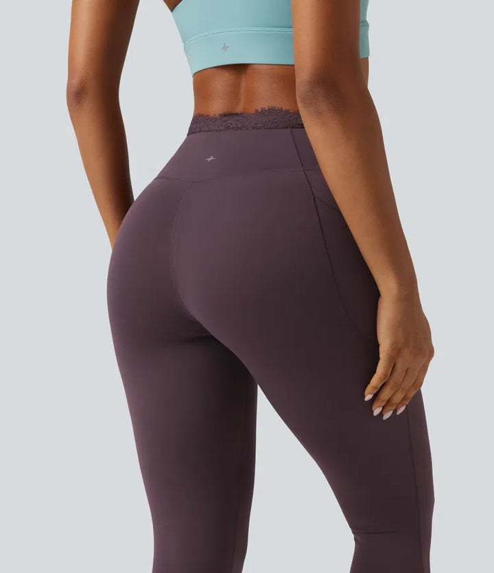 SoftlyZero High Waisted Crossover Contrast Lace Yoga Leggings with Pockets