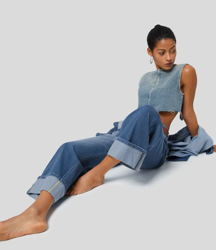 Halara Flex High Waisted Pockets Rolled Hem Wide Leg Washed Casual Jeans