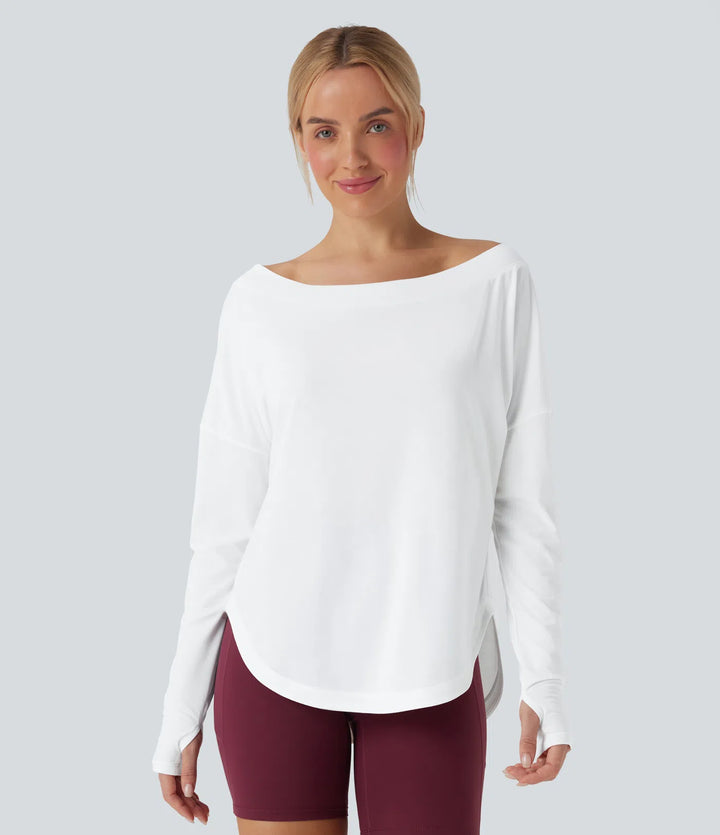 One Shoulder Long Sleeve Thumb Hole Curved Hem High Low Quick Dry Yoga Sports Top
