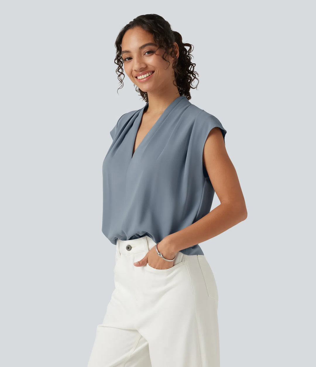 Wrinkle Recovery V Neck Sleeveless Ruched Boxy Casual Blouse