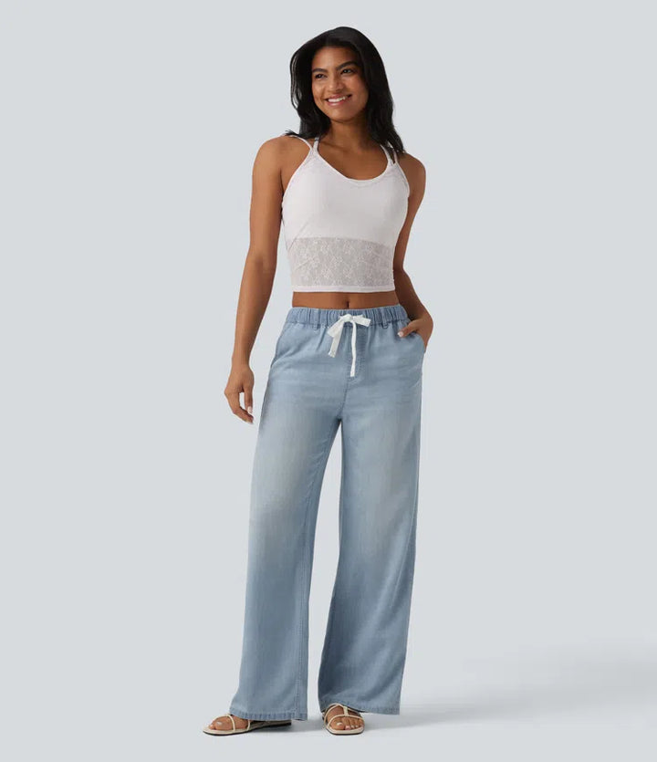 Mid Rise Drawstring Casual Jeans with Pockets
